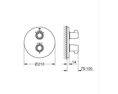Schéma technique d''un mitigeur de douche encastré avec indications de dimensions