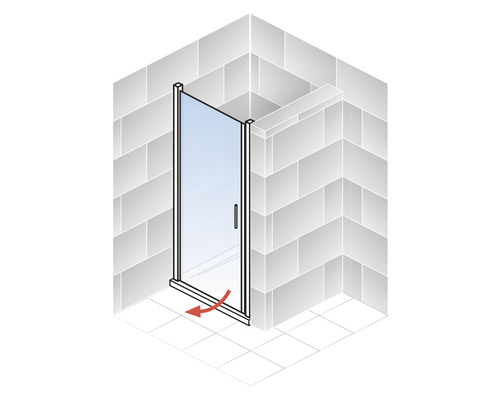 Cabine de douche pivotante dans un coin avec une flèche indiquant le mouvement de rotation.