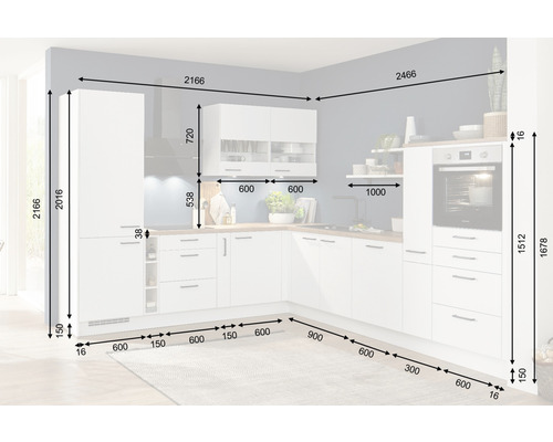 Vue de la cuisine avec les dimensions des différents éléments