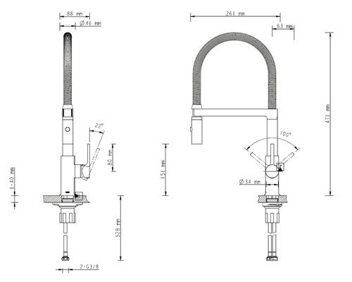 Schéma technique d''un robinet de cuisine avec dimensions
