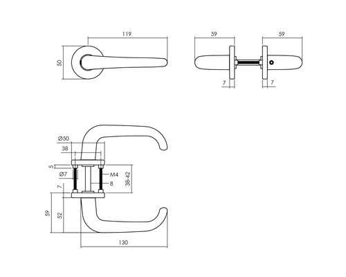 Technische Zeichnung eines Türdrückers mit Maßangaben