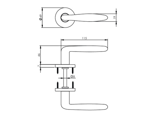 Schéma technique d''une poignée de porte avec dimensions