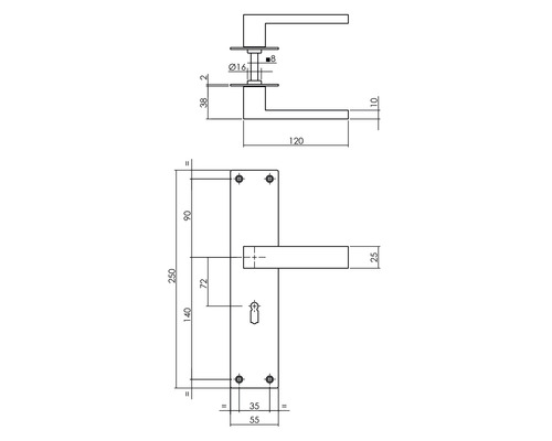 Dessin technique d''une poignée de porte avec dimensions