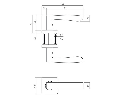 Dessin technique d''une garniture de poignée de porte avec dimensions.