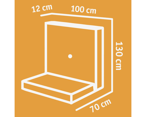 Illustration eines Ecksofas mit den Maßen 12 cm, 100 cm, 130 cm und 70 cm.