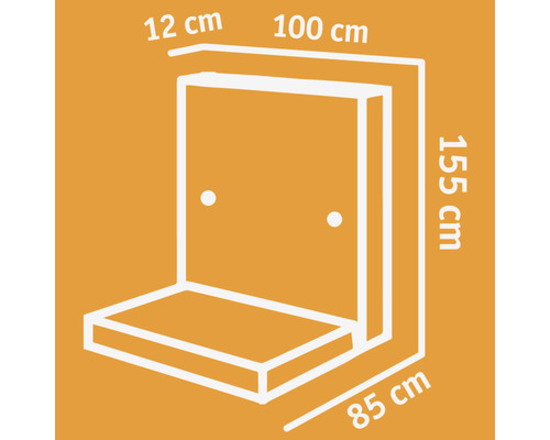 Dimensions d''un banc de douche : 12 cm de profondeur, 100 cm de largeur, 155 cm de hauteur, 85 cm de longueur