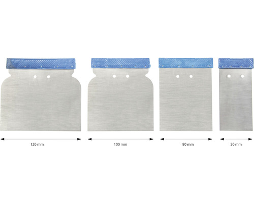 Vier Spachtel in verschiedenen Größen: 120 mm, 100 mm, 80 mm und 50 mm.