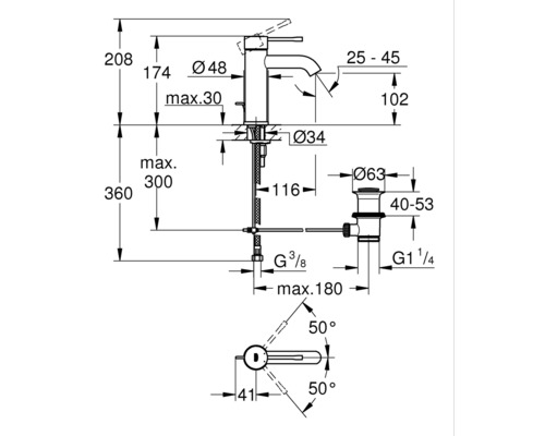 Schéma technique d''un robinet avec indications de dimensions