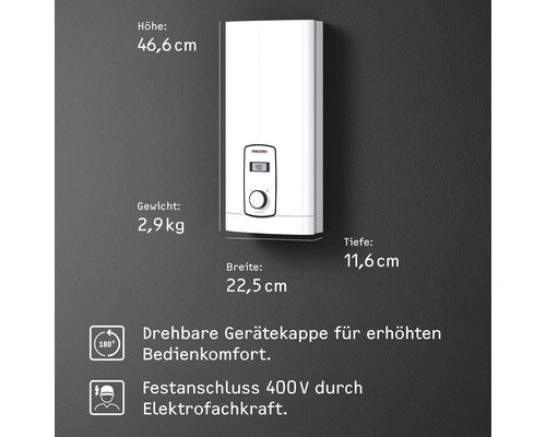 Elektrischer Durchlauferhitzer mit Maßen und Produkteigenschaften