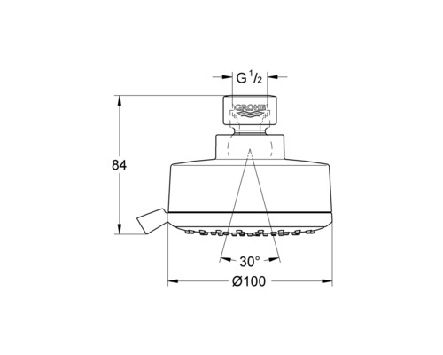 Technische Zeichnung eines Duschkopfes mit Maßangaben