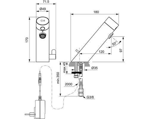 Technische Zeichnung eines berührungslosen Wasserhahns mit Maßangaben