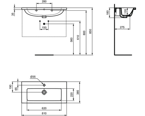 Schéma technique d''un lavabo avec les dimensions.