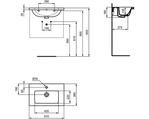 Technische Zeichnung eines Waschbeckens mit Maßangaben
