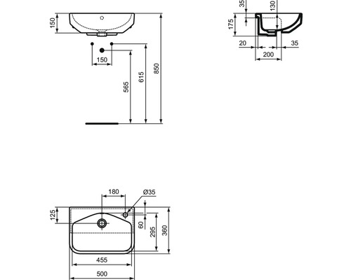 Technische Zeichnung eines Waschtischs mit Maßangaben