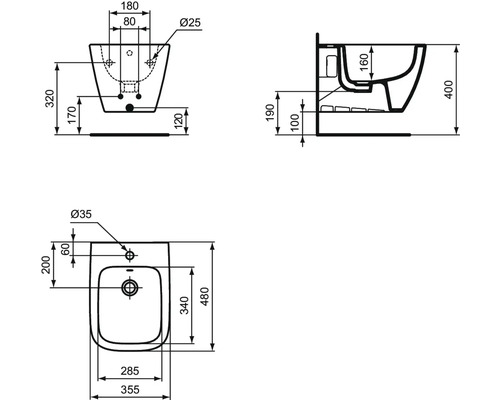 Technische Zeichnung eines Wandbidet mit Maßangaben