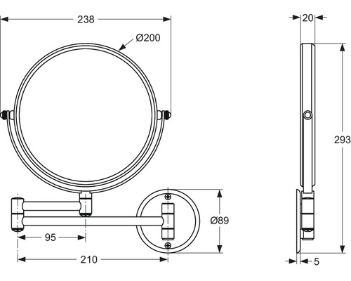Schéma technique d''un miroir de courtoisie rond avec dimensions