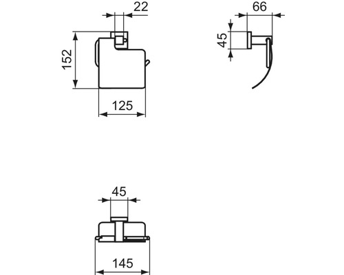 Technische Zeichnung eines Toilettenpapierhalters mit Maßangaben