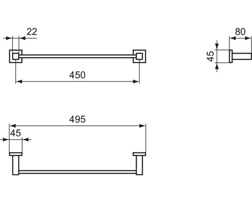 Technische Zeichnung eines Handtuchhalters mit Maßangaben