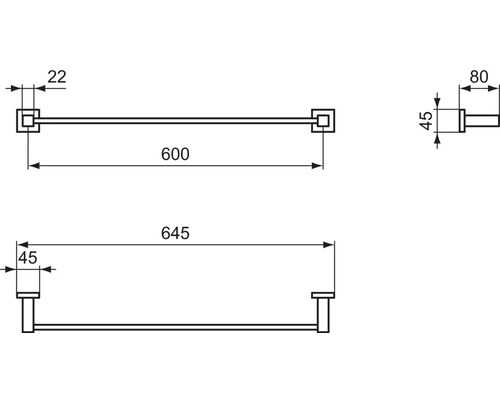 Technische Zeichnung eines Handtuchhalters mit Maßangaben
