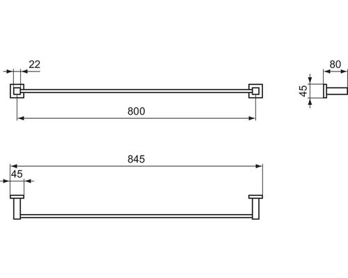 Technische Zeichnung eines Handtuchhalters mit Maßangaben
