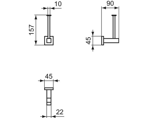 Technische Zeichnung eines Toilettenpapierhalters mit Maßangaben