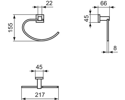 Technische Zeichnung eines Handtuchhalters mit Maßangaben