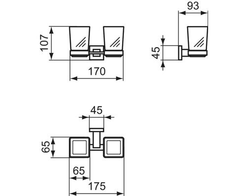 Technische Zeichnung eines Doppel-Zahnputzbecher-Halters mit Maßangaben