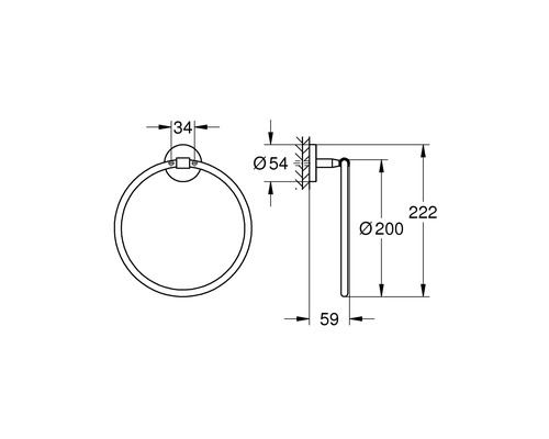 Technische Zeichnung eines Handtuchrings mit Maßangaben