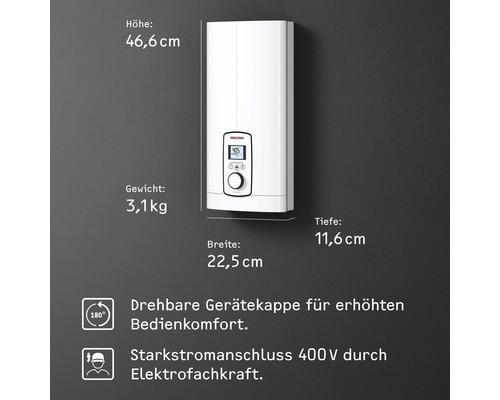 Elektrischer Durchlauferhitzer mit Maßen und Details