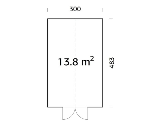 Grundriss mit einer Fläche von 13,8 Quadratmetern, Breite 300 und Länge 483.