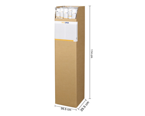 Carton d''emballage avec le logo SOLUNA, hauteur 114 cm, profondeur 25,5 cm, largeur 26,5 cm