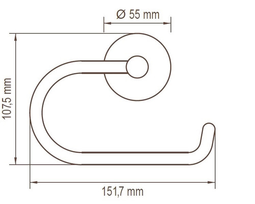 Technische Zeichnung eines Papierrollenhalters mit den Maßen 55 mm Durchmesser, 107,5 mm Höhe und 151,7 mm Breite.