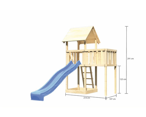 Tour de jeu en bois avec toboggan et dimensions de 291 cm de hauteur, 214 cm de largeur et 107 cm de profondeur