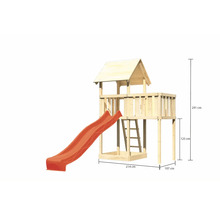 Spielturm aus Holz mit Rutsche und Leiter mit Höhenangaben