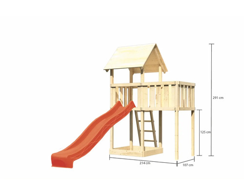 Tour de jeu en bois avec toboggan et échelle avec indications de hauteur