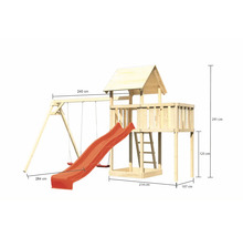 Tour de jeu en bois avec balançoire et toboggan, avec indications de dimension.