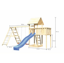 Tour de jeu en bois avec toboggan, balançoire et échelle avec dimensions
