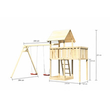 Tour de jeu en bois avec balançoire et dimensions 240 cm par 264 cm par 291 cm