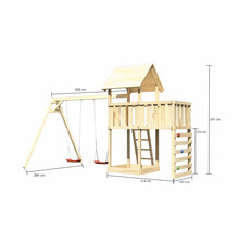 Tour de jeux avec balançoire, mur d''escalade et échelle avec des dimensions de 291 cm de hauteur, 264 cm de largeur et 214 cm de profondeur