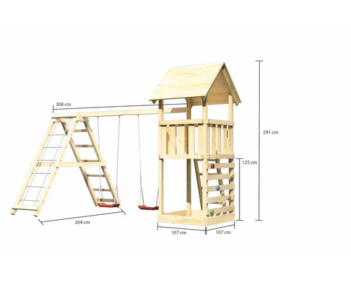 Tour de jeu en bois avec balançoire et mur d''escalade, les dimensions sont indiquées