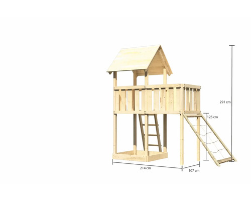 Tour de jeux en bois avec échelle et filet d''escalade, dimensions 214 x 107 x 291 cm