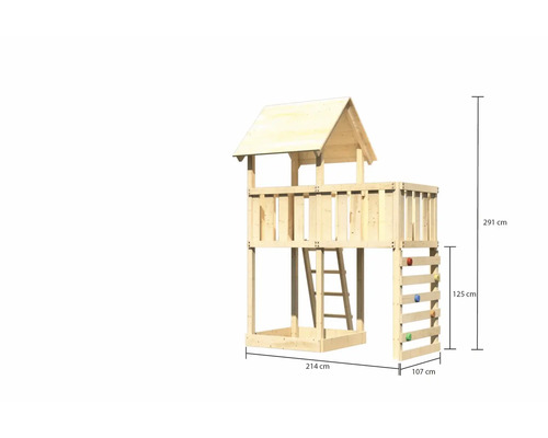 Tour de jeu en bois avec échelle et mur d''escalade, dimensions 214 x 107 x 291 cm