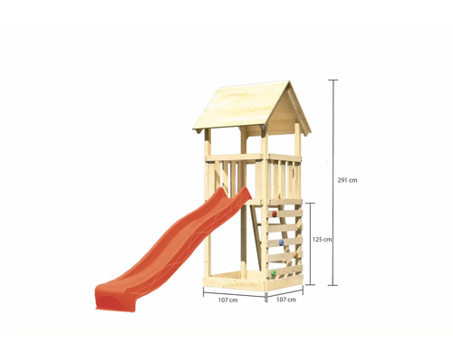 Tour de jeux en bois avec toboggan et mur d''escalade, dimensions 291 x 107 x 107 cm