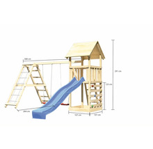 Tour de jeu en bois avec balançoire, toboggan et mur d''escalade avec dimensions
