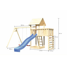 Tour de jeu en bois avec balançoire, toboggan et mur d''escalade avec dimensions