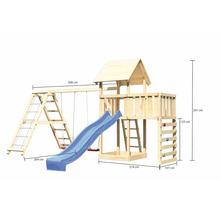 Tour de jeu en bois avec balançoire, toboggan, mur d''escalade et échelle avec dimensions