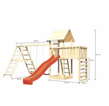 Aire de jeux avec balançoire, toboggan, mur d''escalade et échelle avec dimensions.
