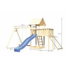 Tour de jeu en bois avec balançoire, toboggan et mur d''escalade avec indications de taille