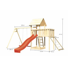 Tour de jeu en bois avec balançoire et toboggan, dimensions incluses