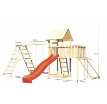Aire de jeux en bois avec balançoire, toboggan et mur d''escalade avec dimensions
